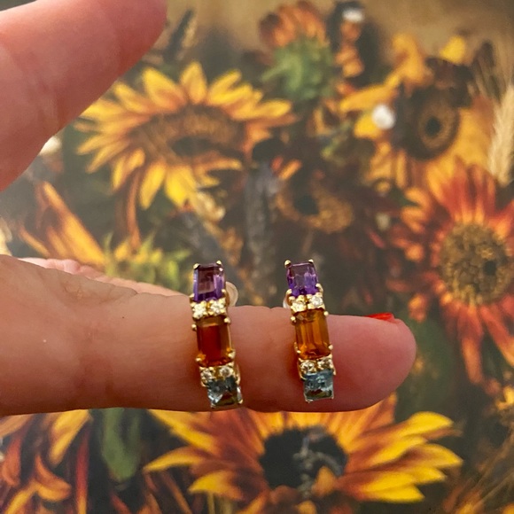 14K Multi Gemstone/Diamonds Earrings - Amethyst, Citrine, Topaz - Picture 10 of 16